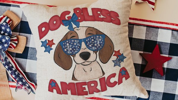 dog bless America beagle throw pillows for lake house, red white and blue patriotic dog decorations for home, 4th of July beagle gifts, cute