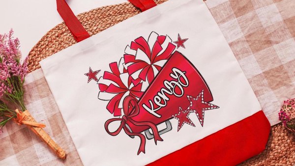 personalized cheer tote bag with name, red school spirit college cheerleading gear, Easter basket stuffers for teen girls, 2026 high school