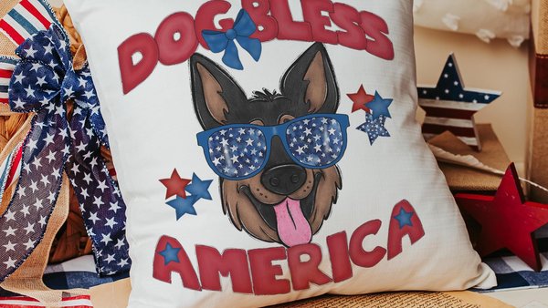 dog bless America patriotic throw pillows for couch, best gifts for dog lovers, 4th of July decor, unique dog mom gifts, German shepherd