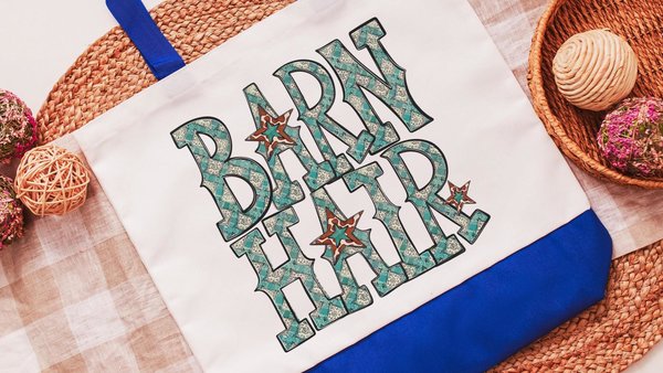 Barn hair tote bags for women, turquoise bandana print country girl gifts, farmers market bag for sister, farm gifts for animal lovers