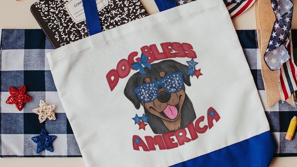 dog bless America rottweiler tote bag for summer, patriotic dog gear, rottie mom gifts, 4th of July tote bag for dog lover, rottweiler gifts
