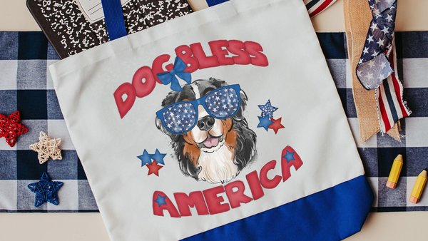 Dog bless America Bernese mountain dog tote bag for books, berner mom patriotic bernie gift for women, reusable grocery bag cute dog gift