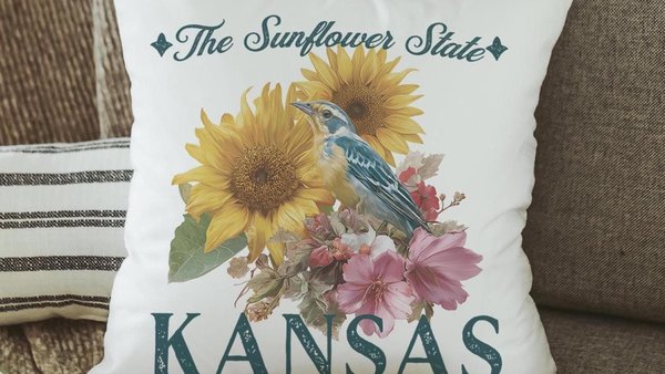 Kansas sunflower western meadowlark bird throw pillows for couch floral bird pillow cover 18x18, Kansas state flower Kansas gifts, realtor
