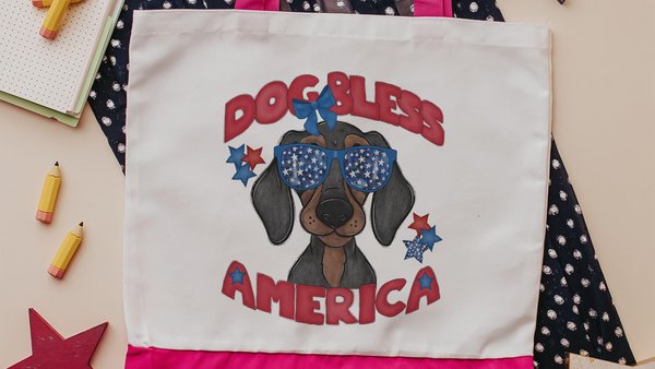 patriotic tote bag for dog supplies, unique dog mom gifts, dachshund tote for summer, wiener dog bag for doggie things, doxie gifts, sausage