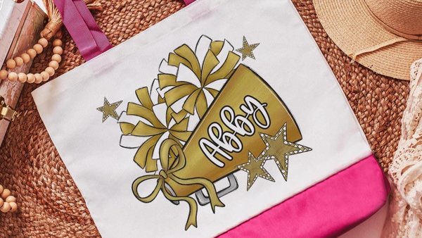 personalized gold cheer tote bag with name, cheer team gifts beach bag for girls, cheerleader gifts for teen girls, cheer travel bags with