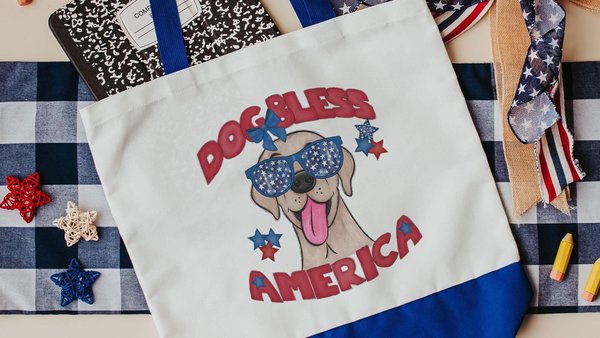 Dog bless America Yellow Labrador Retriever tote bag for books, lab mom patriotic retriever gift for women, reusable grocery bag cute dog