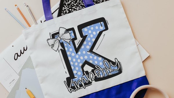 personalized carolina blue initial tote polka dot tote bag with name, teen girl gifts trendy gifts for girls, cheer team gifts beach bag