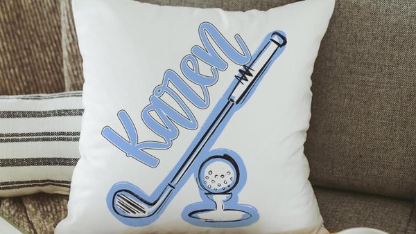 Personalized columbia blue name golf pillow for couch, golf mom era room decor pillow, lady golfer throw pillow for bed, cute golf gifts for