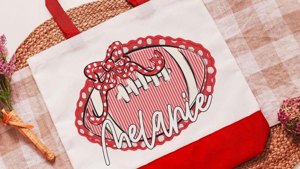 personalized powderpuff football coquette tote bag for teenage girls, football mom gifts, red school spirit accessories for teachers, cheer