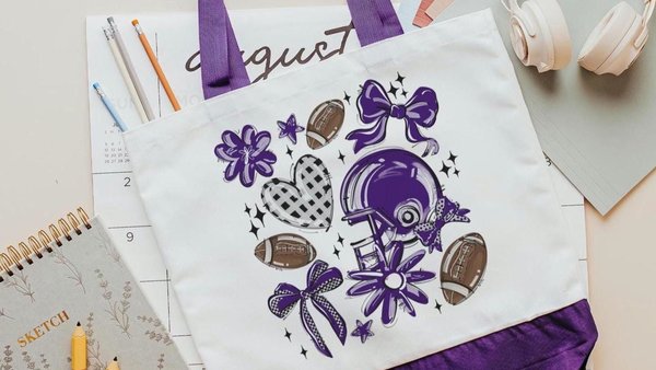 football coquette game day tote bag for women, purple school pride school spirit bags, trendy school supplies, back to school gifts for