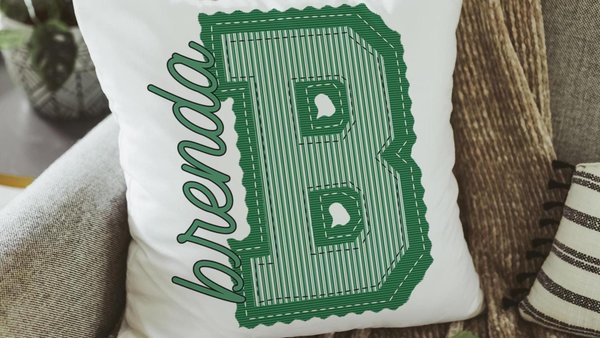 personalized kelly green initial pillow for dorm room, college student gift, seersucker stripe throw pillow with name on it, school spirit
