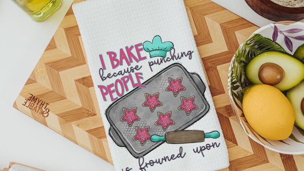 I bake because punching people is frowned upon towels, baking bridal shower kitchen gifts, funny baking kitchen towels, baker gift for women