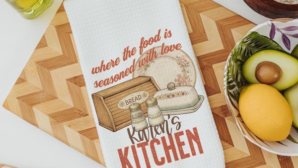 personalized seasoned with love kitchen towel for grandma, vintage inspired kitchen decor, baker gifts for her, moms kitchen hand towel for