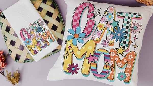 Rainbow cat throw pillows for couch for cat lovers Mothers day gift for cat mom, cat mama gifts, bright checkered cat kitchen towel for Mom