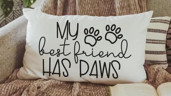 my best friend has paws dog throw pillow for sofa, dog lover gift for women, dog decor for home, dog mom gift, funny lumbar pillow for couch