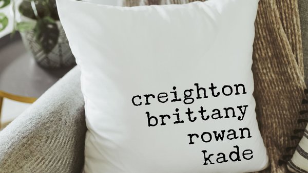 personalized family names throw pillow for bed, pet name pillow, unique anniversary gift for couple, dog parent gift, modern farmhouse decor