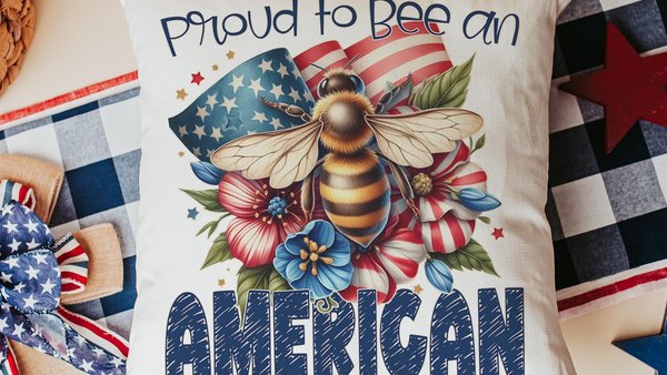 proud to be an American bumble bee throw pillows for living room, honey bee gifts for women, 4th of July accent pillows for couch, patriotic
