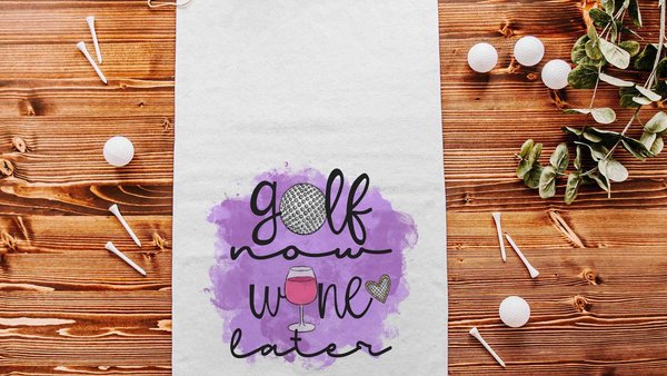 funny golf towel with grommet, golf now wine later golf bag towel for women, cute golf gifts for her, wine gifts for friends, ball towel