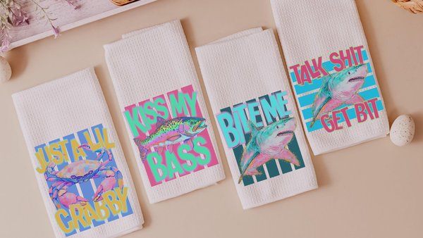 just a little crabby cabana hand towels, kiss my bass lake house bathroom decor, bite me funny kitchen towels for summer, beach house gifts