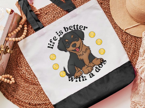 Life is better with a dog, rottweiler tote bag