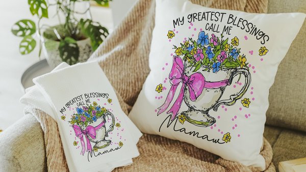 personalized my greatest blessings call me Mamaw pillows for bed, Mamaw gifts from grandchildren, floral kitchen towels, Mamaw to be gifts