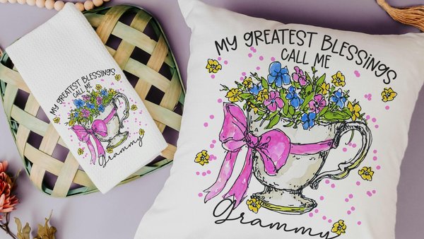 personalized my greatest blessings call me Grammy throw pillow for bench, Grammy gifts for Mothers day gifts from grandchildren, teacup hand