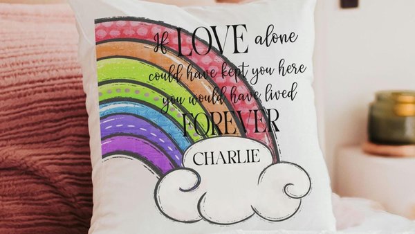 personalized dog rainbow bridge throw pillow for couch, remembrance pillow for sofa, grieving dog loss sympathy gift for women, loss of dog