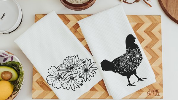 floral chicken kitchen towels for Spring, black and white farmhouse kitchen decor, cute chicken gifts for women, chicken mom gift, flower