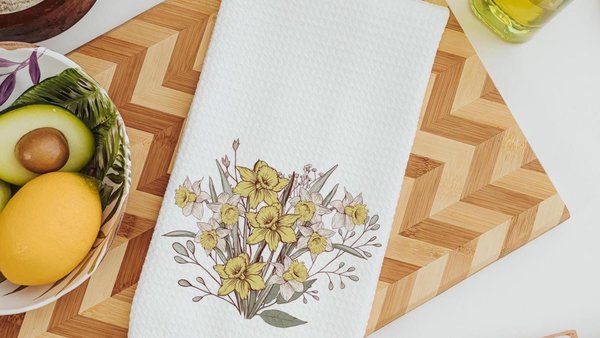 daffodil kitchen decor, floral hand towels for besties, March birth flower gift for friend birthday gifts for her, guest bathroom must haves