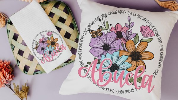 personalized love grows here Abuela pillow cover 18 x 18, first time Abuela gifts, Abuela kitchen towels, floral kitchen decor, Abuela to be