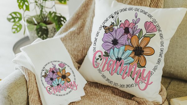 personalized love grows here Grammy throw pillow for sunroom, first time Grammy gifts from baby, floral kitchen towels, Grammy kitchen gifts