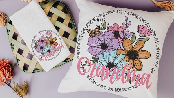 personalized love grows here throw pillows for bedroom, first time Grandma gifts Mothers day gift from grandchildren, floral kitchen towels