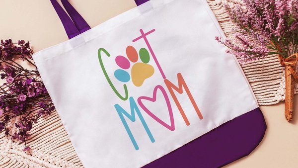 cat mom tote for her, cute cat gifts for women, colorful cat paw print tote bag for cat lover, popular now cat mama gifts, cat beach bag