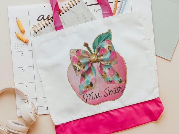 Personalized watercolor apple coquette tote bag for teachers