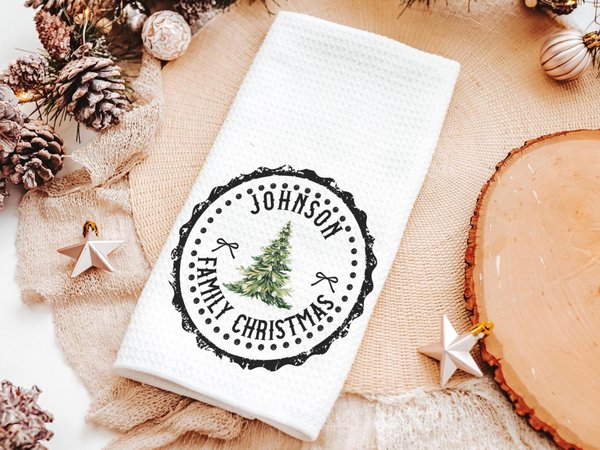 Personalized last name black Christmas kitchen towels for winter