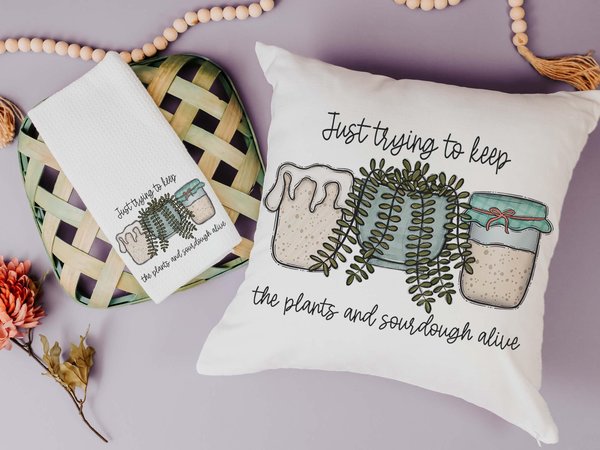 Funny sourdough quotes throw pillow for sofa, gifts for gardeners, keeps plants alive plant mom gifts, sourdough kitchen decor, bread baker