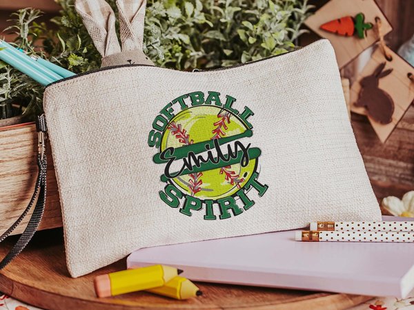 personalized green school spirit softball wristlet with strap, back to school softball pencil pouch with name, cute softball gifts for girls