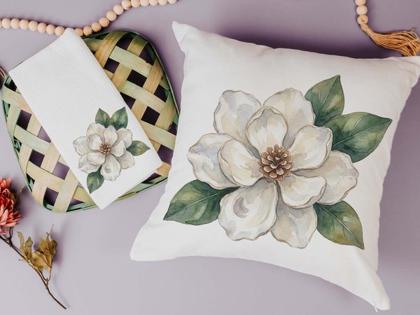 CapableByDesign oyster shell magnolia throw pillows and matching towels